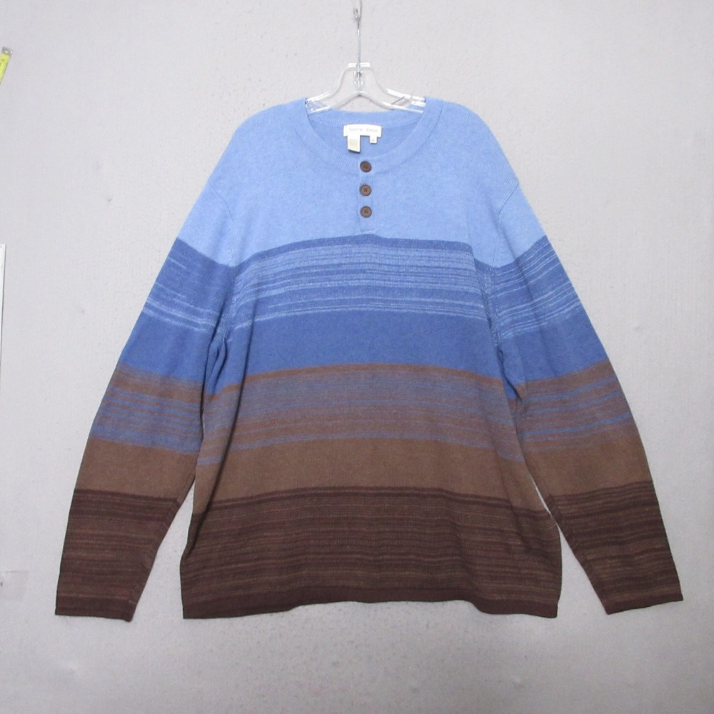 Territory Ahead Sweater Men XXL Henley Blue Brown Striped Cotton Preppy Academia